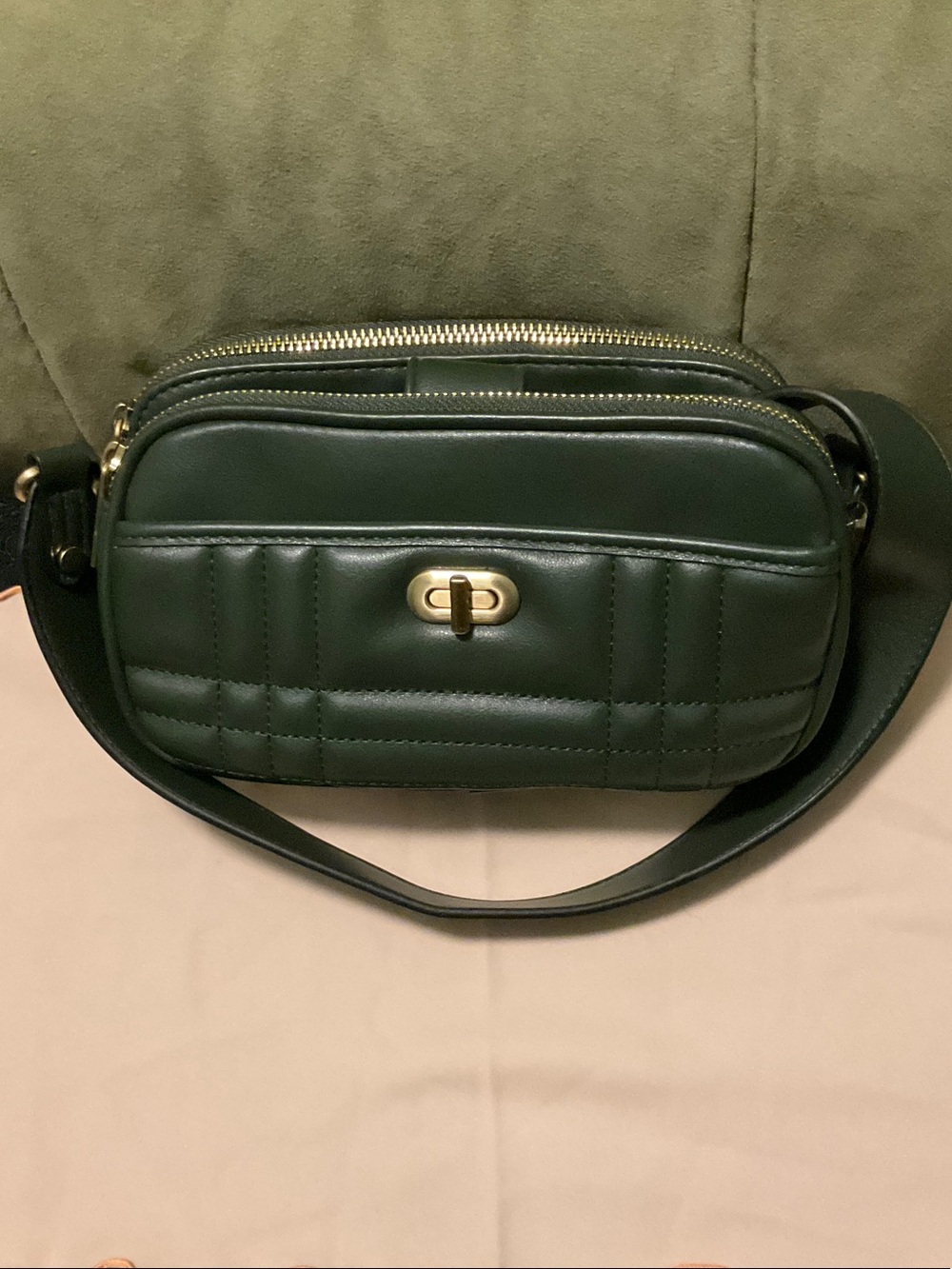 Dark Green Quilted Crossbody Bag with Gold Turn-Lock